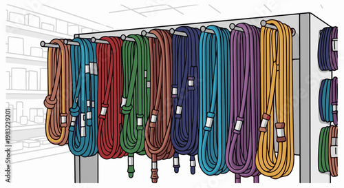 Colorful coiled ropes hang in a store display