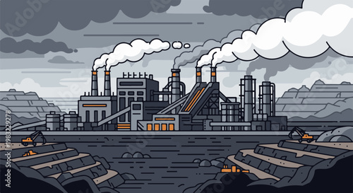 Industrial complex with smoking stacks, earthworks, and excavators