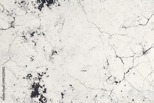 Grungy Cracked White Wall Texture with Black Stains and Abstract Patterns.