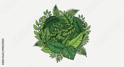 Lush green foliage arranged in a circular, organic, and layered pattern