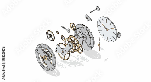 Exploded view of a mechanical watch movement with gears, springs, and dial