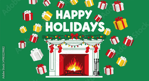 Festive fireplace scene with falling gifts and "Happy Holidays" text