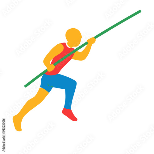 Colorful pole vault athlete silhouette in midair with long pole, expressing speed, agility and track field competition on a transparent background.