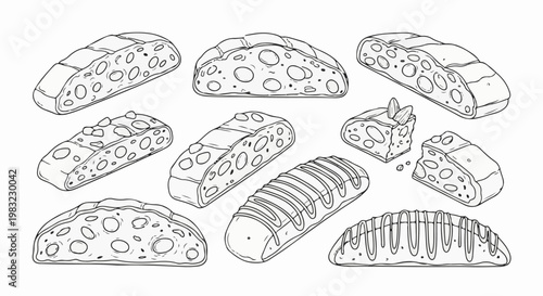 Assortment of artisanal breads, some with nuts, some drizzled