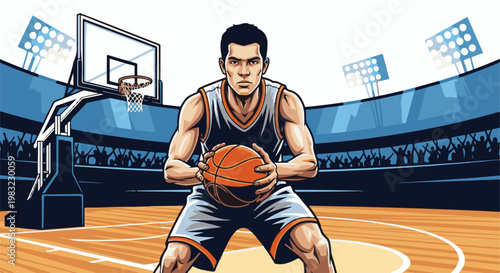 Determined basketball player grips ball on court with crowd cheering in background