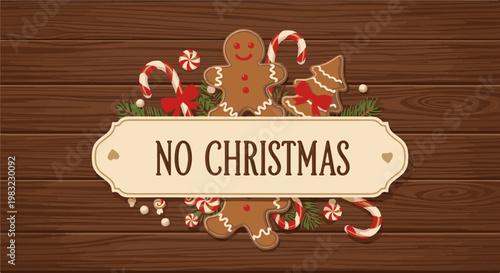 Festive cookies and candy canes on wooden background with text