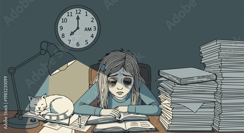 Exhausted student studies late into the night with a sleeping cat nearby