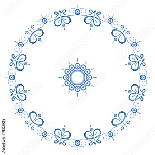 Blue filigree round decor with frame. Pattern of graceful curls. Elegant frosty ornament of curved lines. Beautiful winter border for card, invitation, wedding, monogram