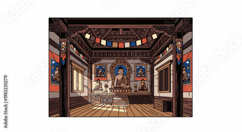 Interior of a Buddhist temple sanctuary with a large Buddha statue