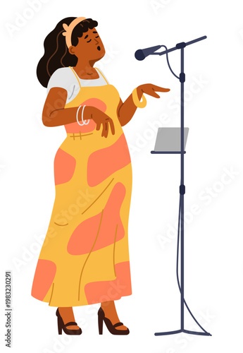 African American woman wearing a long dress and hills singing into the microphone with eyes closed flat vector illustration isolated on white.