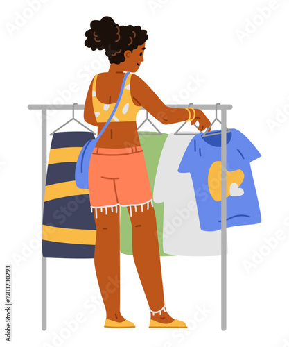 African American woman standing back choosing clothes on a hanger flat vector illustration isolated on white. Shopping at the flea market.