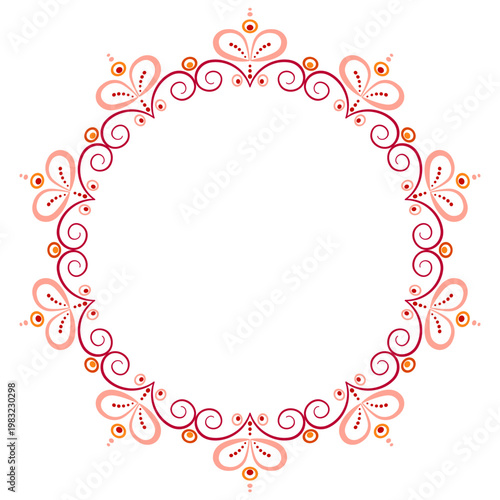 Red pink romantic ornament of curved lines. Ornamental filigree round frame. Pattern of curls. Beautiful cute border for card, invitation, wedding, monogram