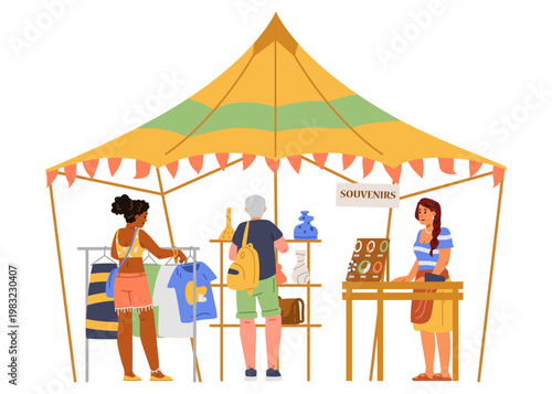 Festival or street market tent with people buying souvenirs and clothes flat vector illustration isolated on white.