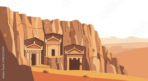 Ancient RockCut Tombs in Desert Landscape Vector Illustration.