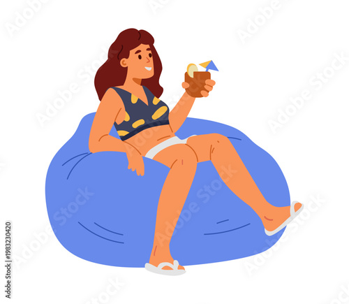 Happy woman drinking cocktail sitting in a bean bag chair flat vector illustration isolated on white.