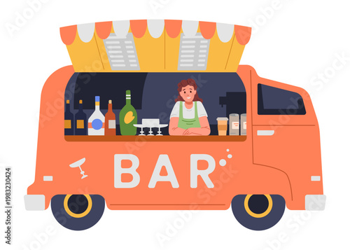 Street bar food truck with woman barman flat vector illustration isolated on white.