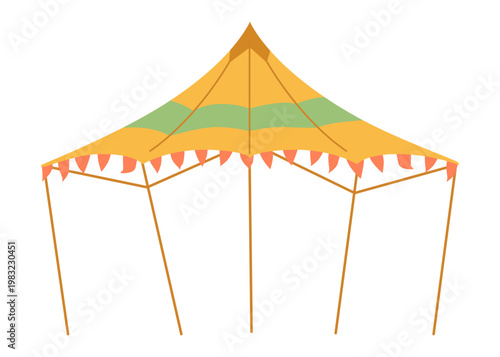 Festival tent with flags flat vector illustration isolated on white.