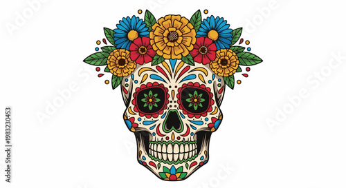 Colorful skull adorned with a vibrant floral crown and intricate patterns