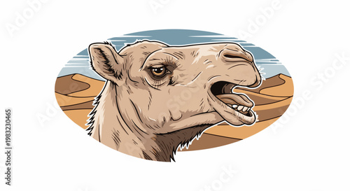 Close up of a camel's face in an oval frame with a desert scene background