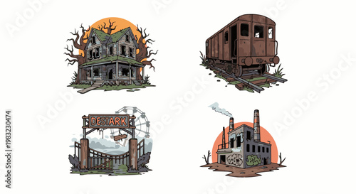 Four desolate scenes haunted house, abandoned train, derelict park, and decaying factory