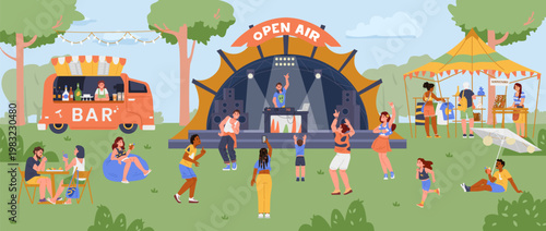 Summer open air festival with diverse people listening and dancing to music from the stage, eating, relaxing, shopping souvenirs vector illustration.