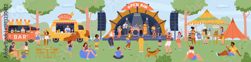Summer open air festival horizontal panorama with diverse people listening and dancing to music from the stage, eating, relaxing, shopping souvenirs vector illustration.
