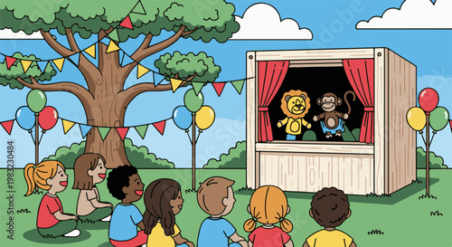 Children enjoy an outdoor puppet show under a tree with balloons and banners