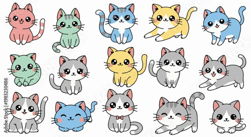 A collection of 15 cartoon cats in various pastel colors and poses