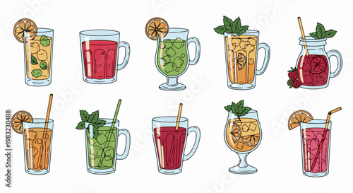 Assortment of colorful, ice-filled drinks with fruit garnishes