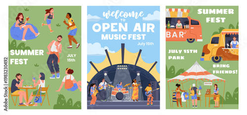 Photography Summer open air festival invitations templates with diverse people dancing to music, eating, relaxing, shopping souvenirs, musicians on the stage vector illustration