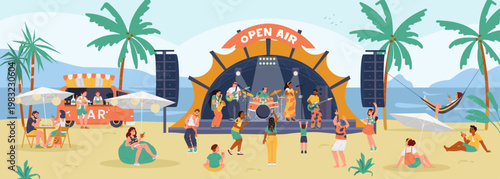 Summer open air festival at the beach scene with diverse people listening and dancing to music, eating, relaxing, music band on the stage vector illustrations.