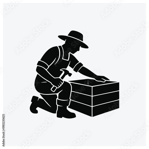 Farmer inspecting crates, silhouette, agriculture, harvest