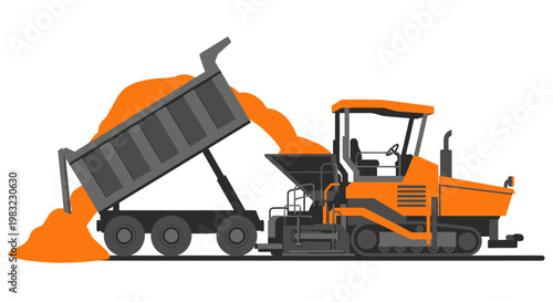Asphalt Paver Machine with Dump Truck Laying Orange Material