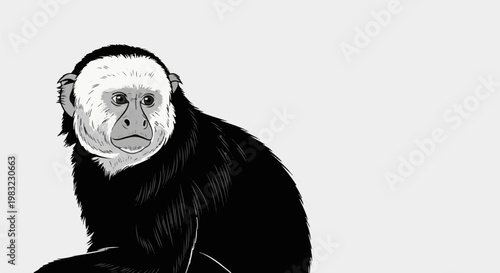 Black and white illustration of a capuchin monkey's head and upper body