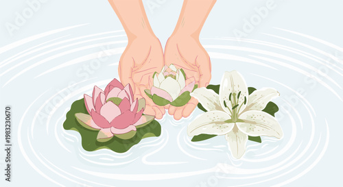 Gentle hands hold a delicate bloom amidst serene water lilies on rippling surface