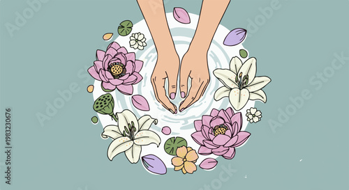 Gentle hands cradled in water with blooming lotus flowers