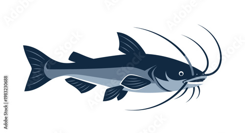 Catfish Illustration: Dark Blue Fish with Long Whiskers on White Background