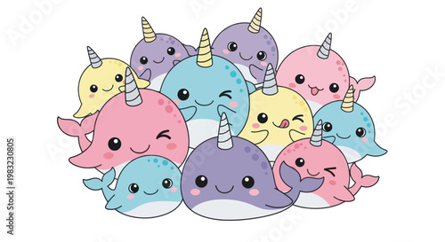 Cute Narwhal Family Group Illustration, Kawaii Ocean Animals, Pastel Colors