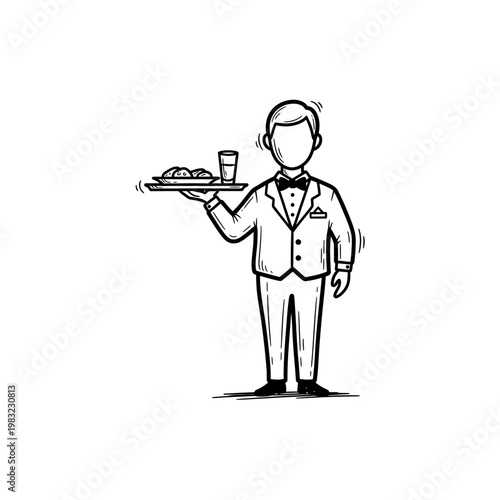 Waiter character line art illustration holding food tray with drinks and snacks.