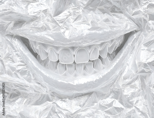 White Teeth Smile Wrapped in Crinkled Plastic Film.