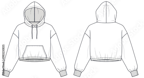 Fashion flat sketch of a cropped hoodie with hood and pocket, front and back view