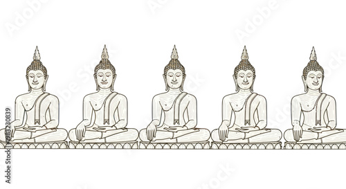 Five Sitting Buddha Statues in a Row