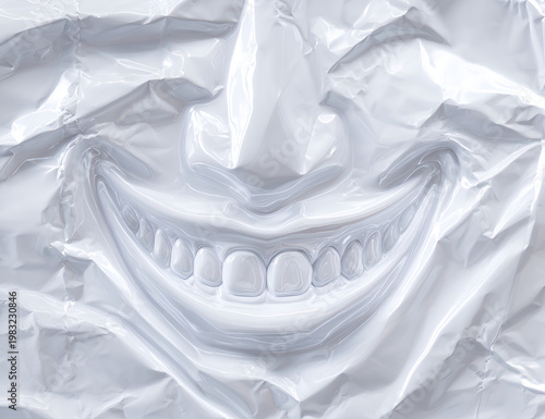 Abstract White Wrinkled Fabric with Embossed Smiling Face and Teeth.