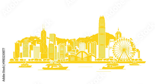 Hong Kong Skyline Silhouette - Yellow Landmark Buildings and Ferries