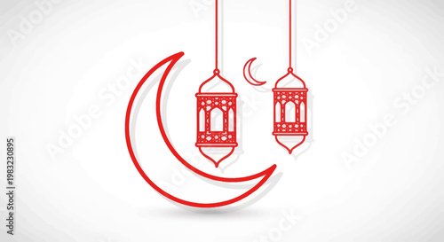 Islamic crescent moon and lanterns, Ramadan decoration, white background, red outline