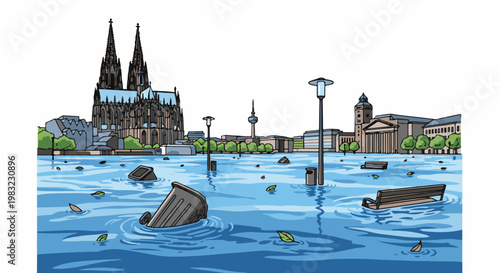 Flooded city park with submerged benches, bins, and lampposts, buildings in background