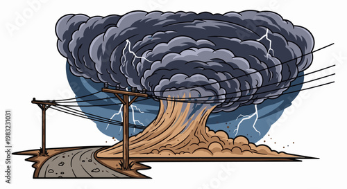 A powerful tornado looms over a rural road with power lines