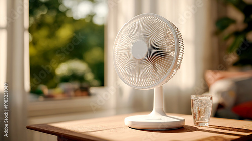 modern electric fan blowing strongly in a sunlit room, sheer curtains moving in the airflow, bright harsh sunlight outside contrasting with the cool indoor breeze