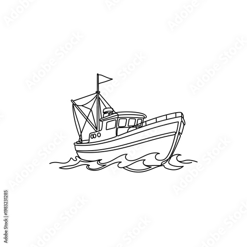 Fishing trawler boat sailing on waves in the ocean with mast and rigging.