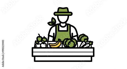 A farmer stands behind a vibrant market stall filled with fresh produce.